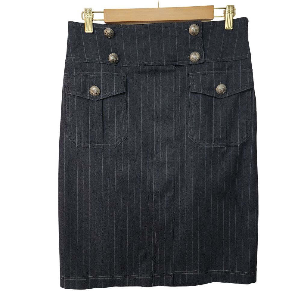 Cache Womens Straight Skirt Grey Striped Cotton-Blend Unlined Big Buttons Size 8